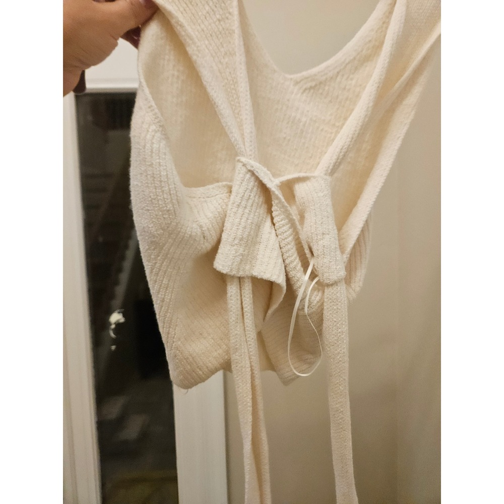 A.L.C. Cream Ribbed Knit V-Neck Tie Back Crop Top Size Medium Ivory